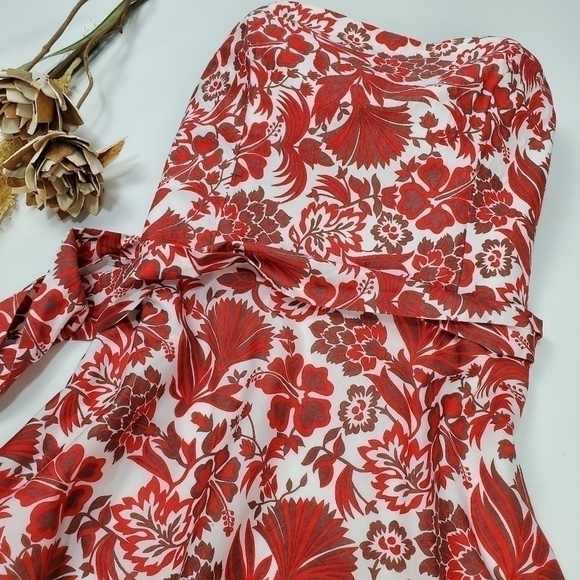 🔴 Campaign Brown Red Floral Belted Strapless Dress Size 6 - Picture 10 of 15